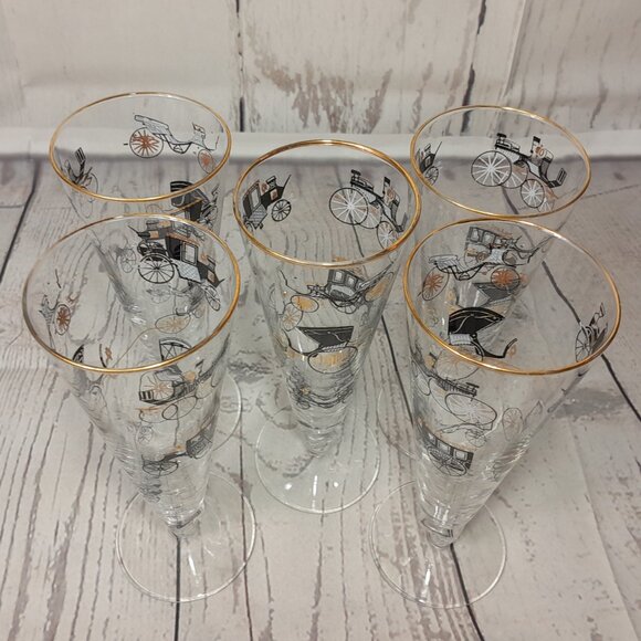 Libbey Champagne Glass Curio Carriage Set Of 5 Trumpet Fluted MCM Black Gold Car - Picture 8 of 11